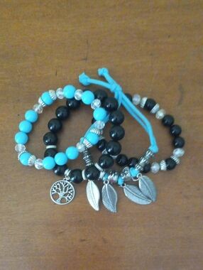 Turquoise & Black Beaded Charm Bracelet Set